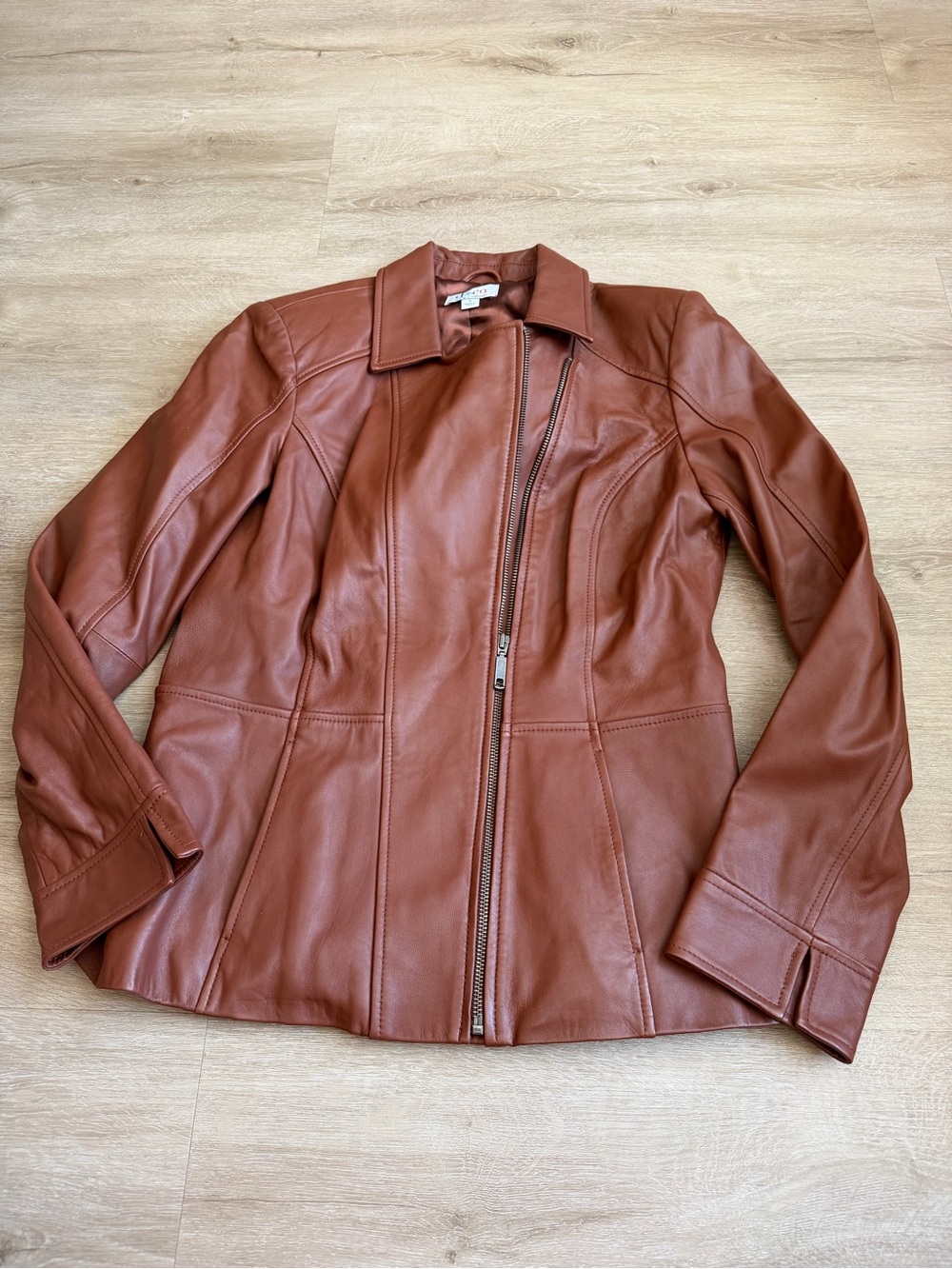 Denim & Company Leather Cognac Brown Tan Moto Jacket SZ S